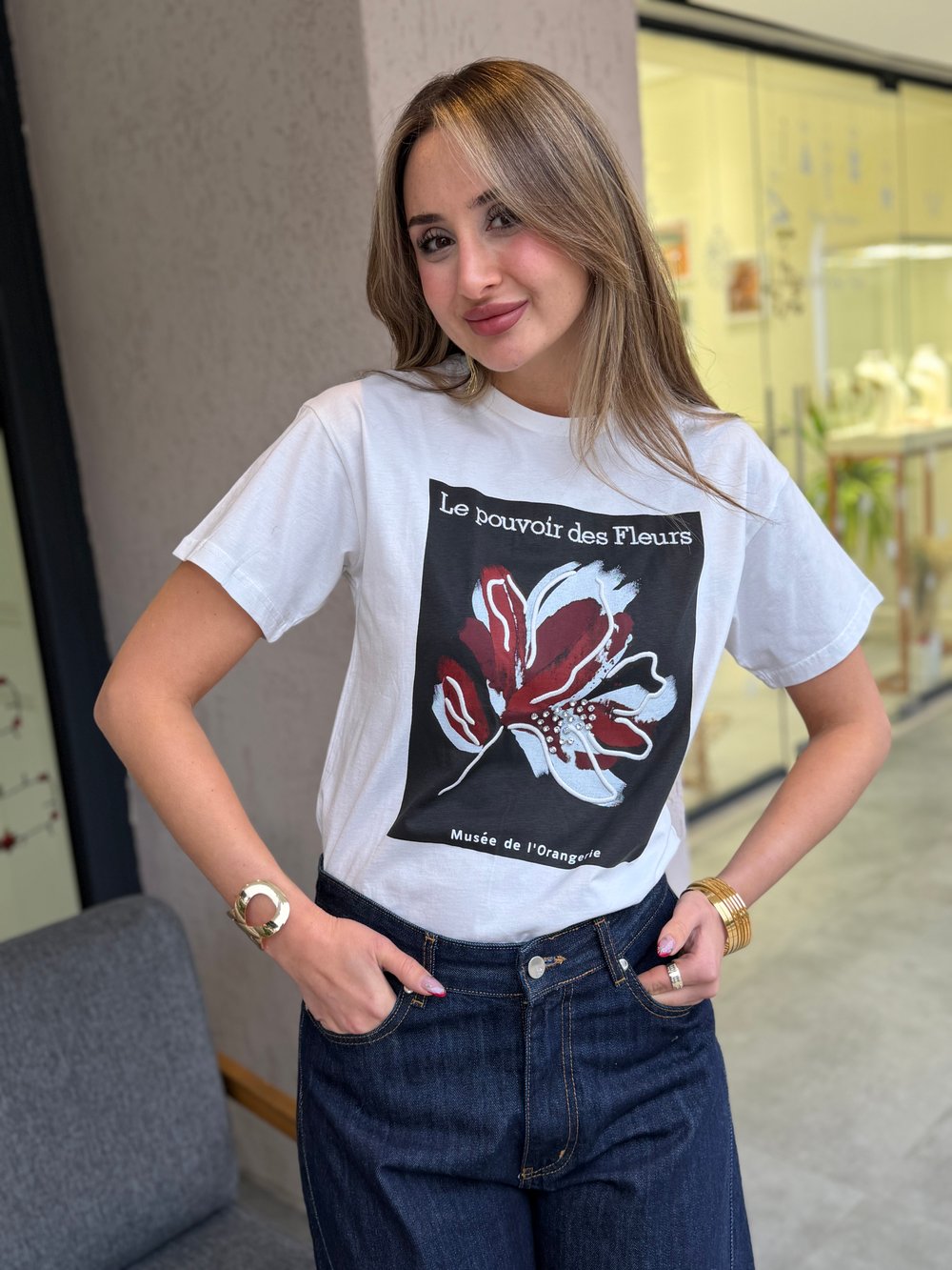 Lola Taş İşlemeli T-Shırt Ekru-Siyah