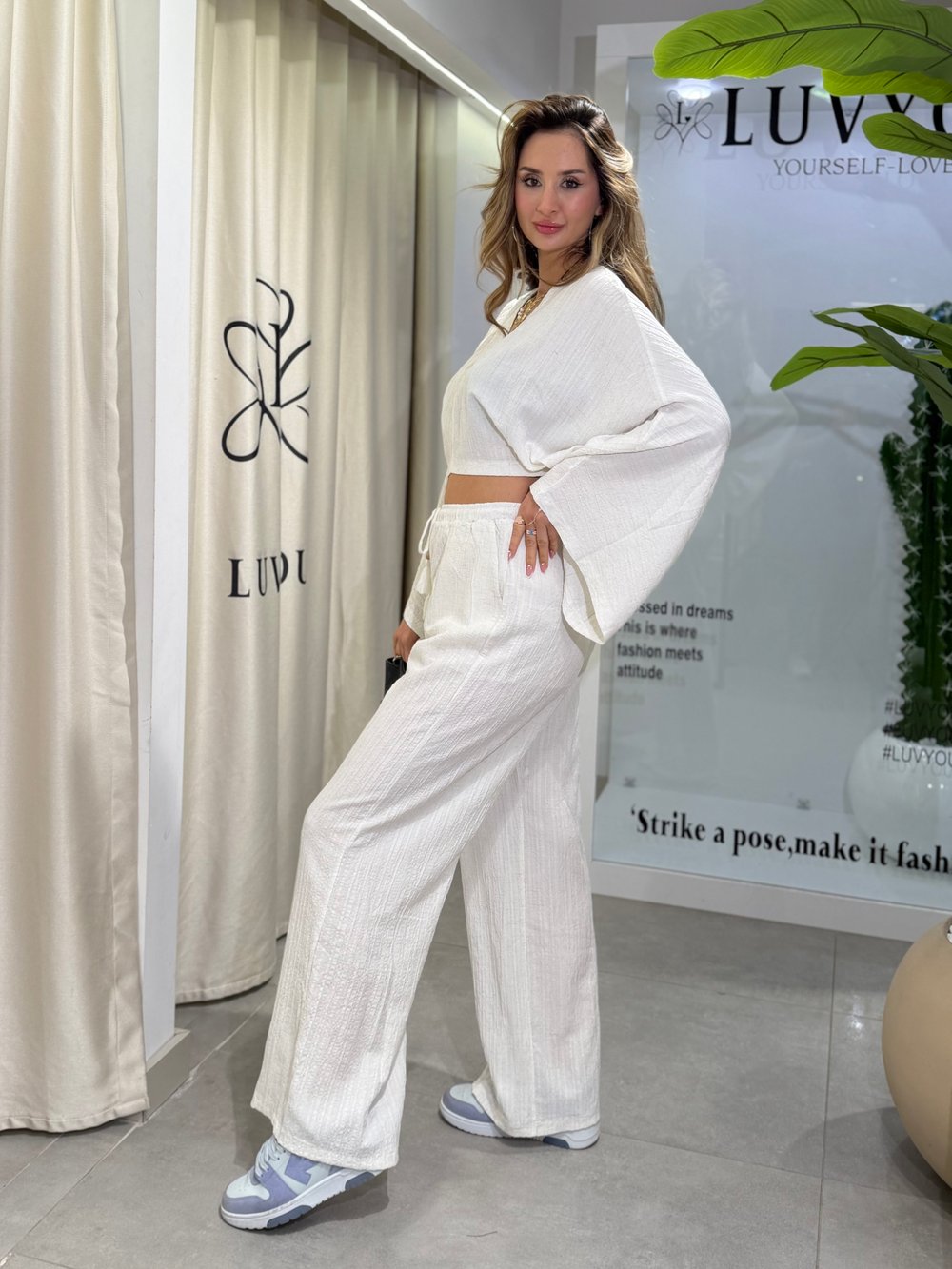 Natalia Yarasa Kol Bluz Pantolon Takım Beyaz