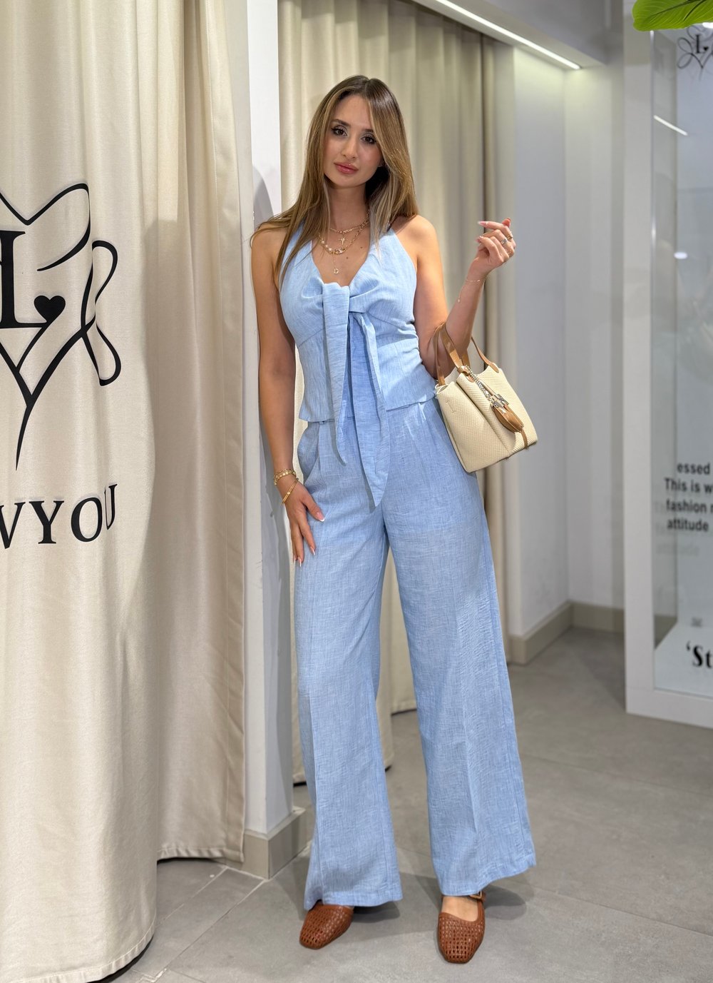 Oliva Boyundan Geçme Bluz Pantolon Takım Mavi