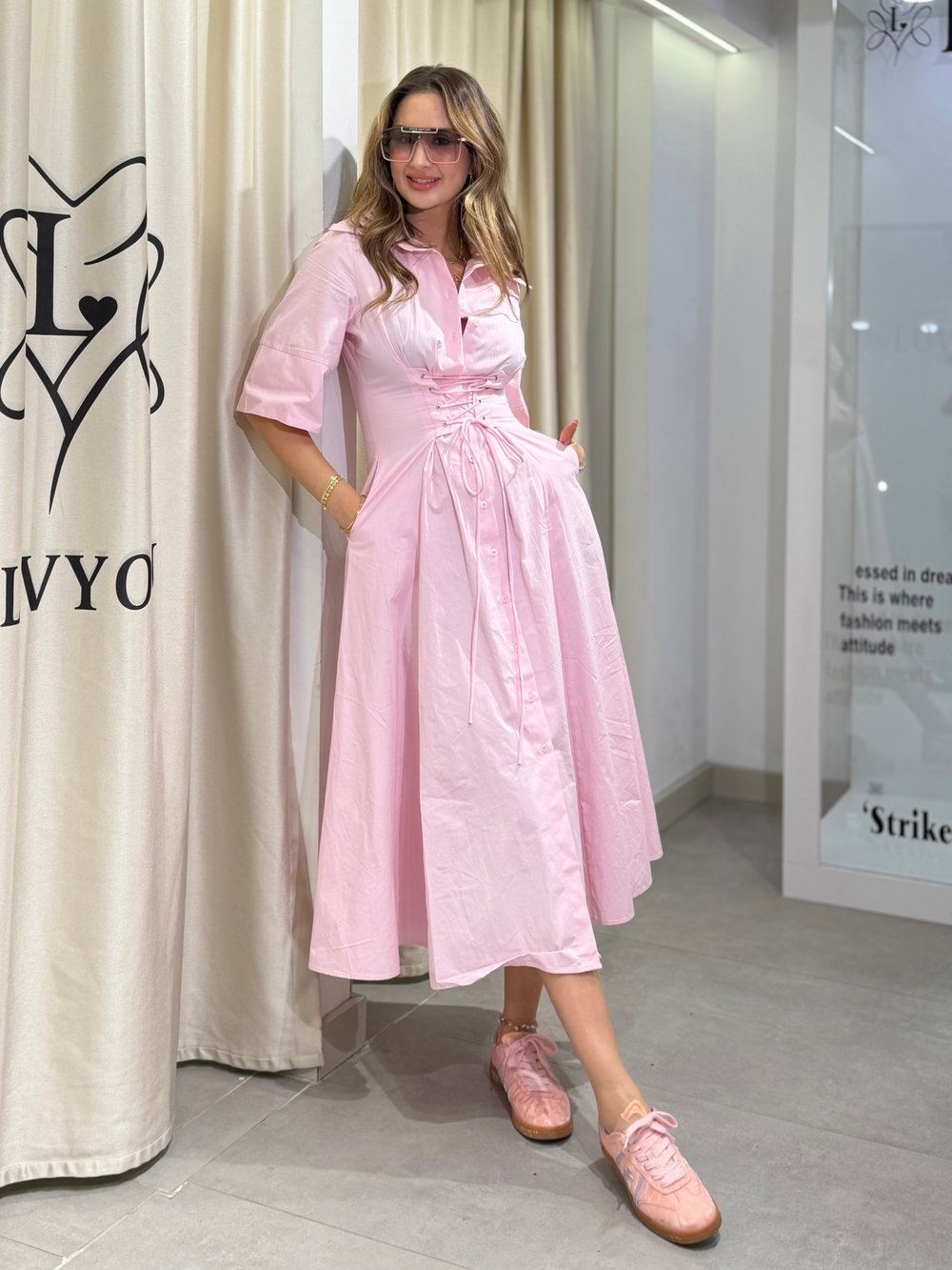 Otilla Bağcıklı Midi Boy Elbise Pembe