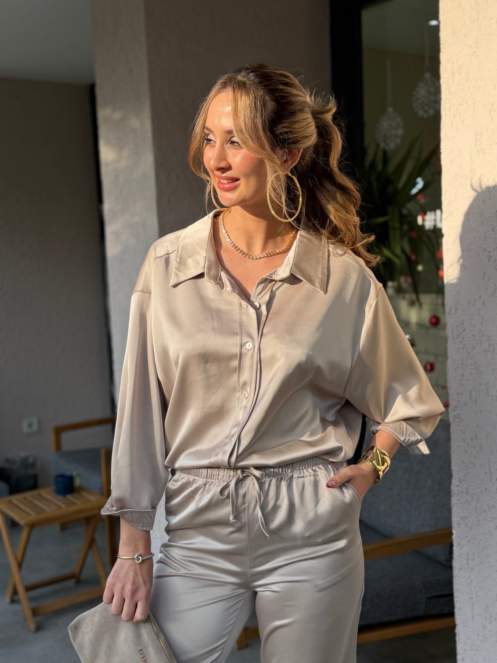 Polly Saten Gömlek Pantolon Takım Taş 
