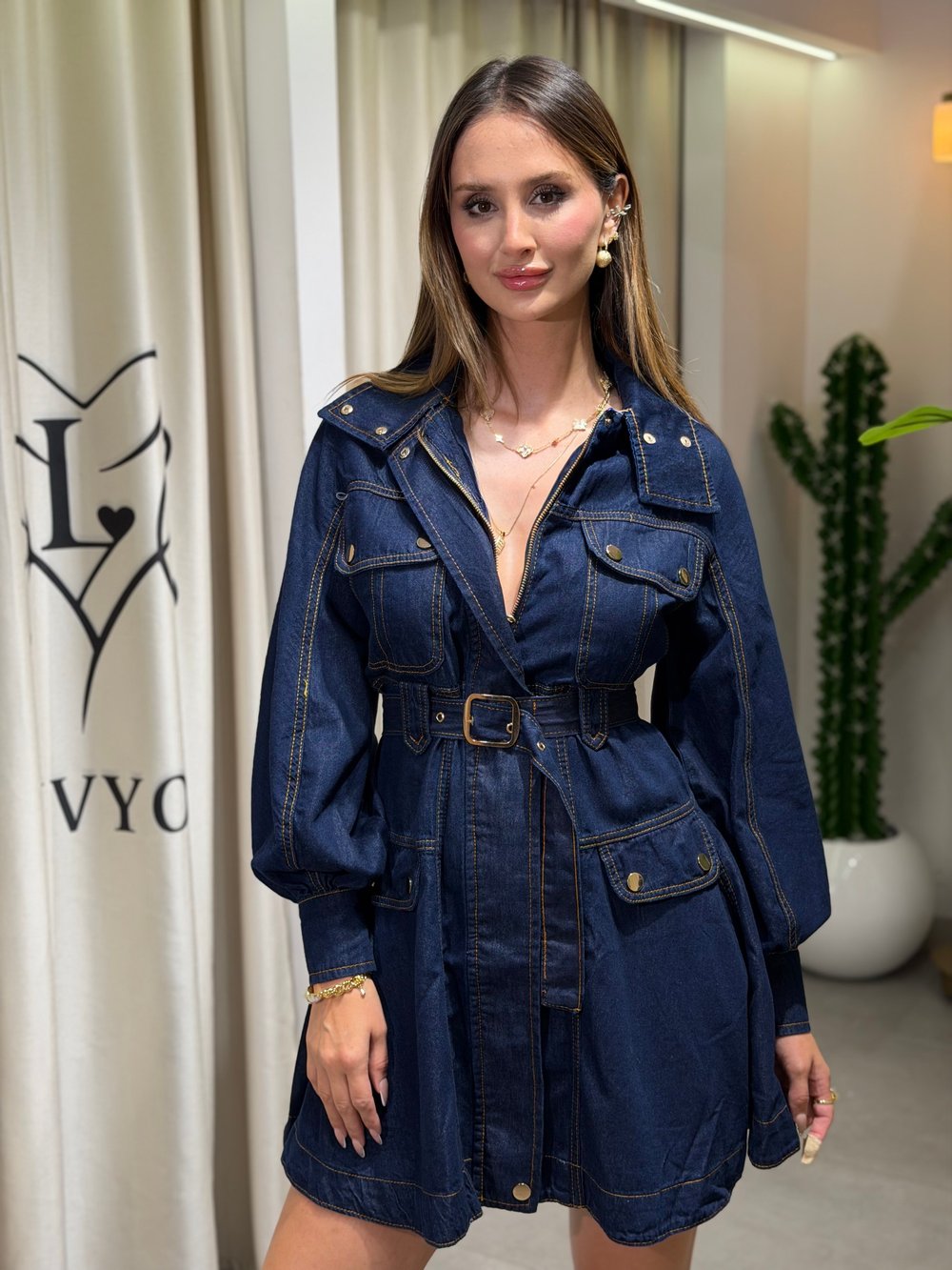 Vera Dik Yaka Denim Elbise Lacivert