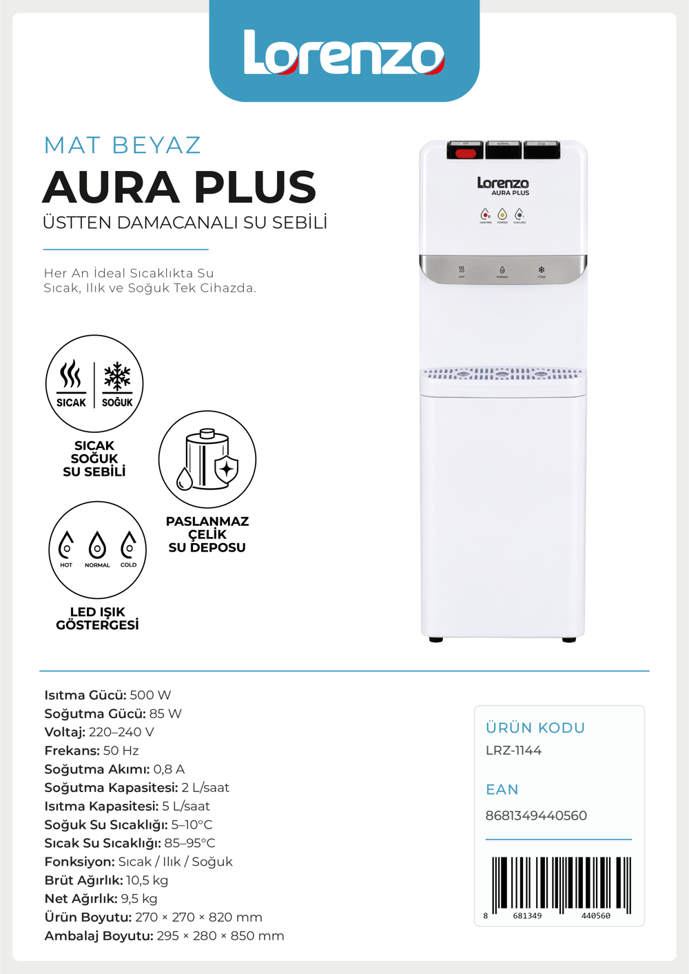 LORENZO - AURA PLUS ÜSTTEN DAMACANALI SICAK - SOĞUK - ILIK SU SEBİLİ MAT BEYAZ