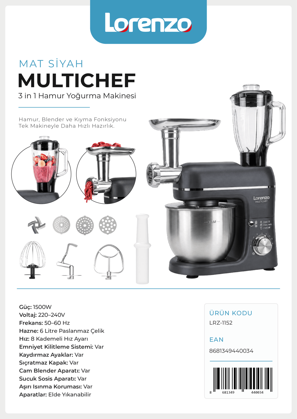LORENZO - MULTICHEF 3 in 1 HAMUR YOĞURMA BLENDER ET KIYMA MAKİNESİ MATTE BLACK