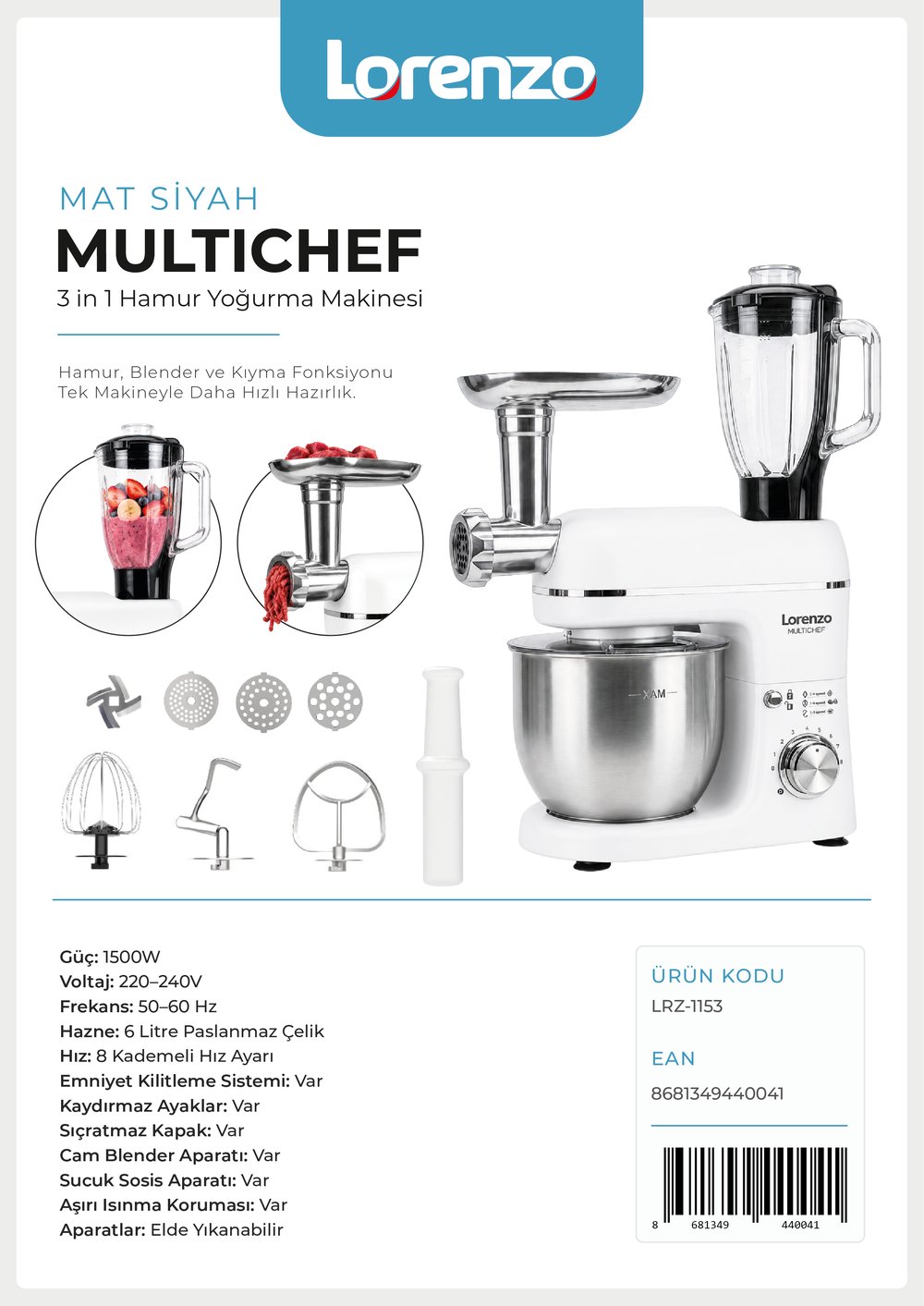 LORENZO - MULTICHEF 3 in 1 HAMUR YOĞURMA BLENDER ET KIYMA MAKİNESİ MATTE WHİTE
