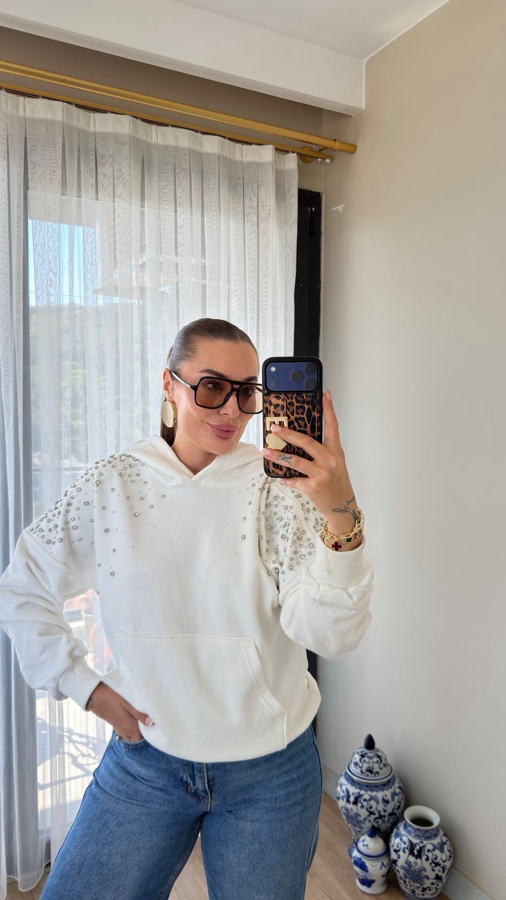 Premium Taşlı Kapüşonlu Sweatshirt 