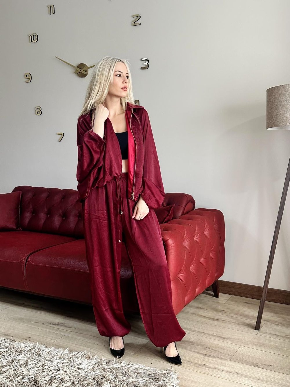Yarasa Kollu Jakar Saten Takım Bordo