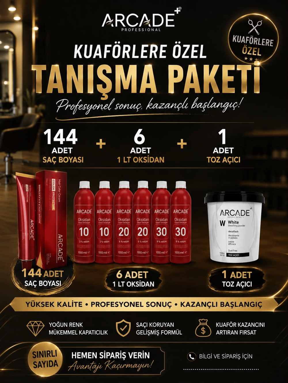 TANIŞMA PAKETİ ARCADE 144 SAÇ BOYASI + 6 OKSİDAN + TOZ AÇICI SINIRLI SAYIDA
