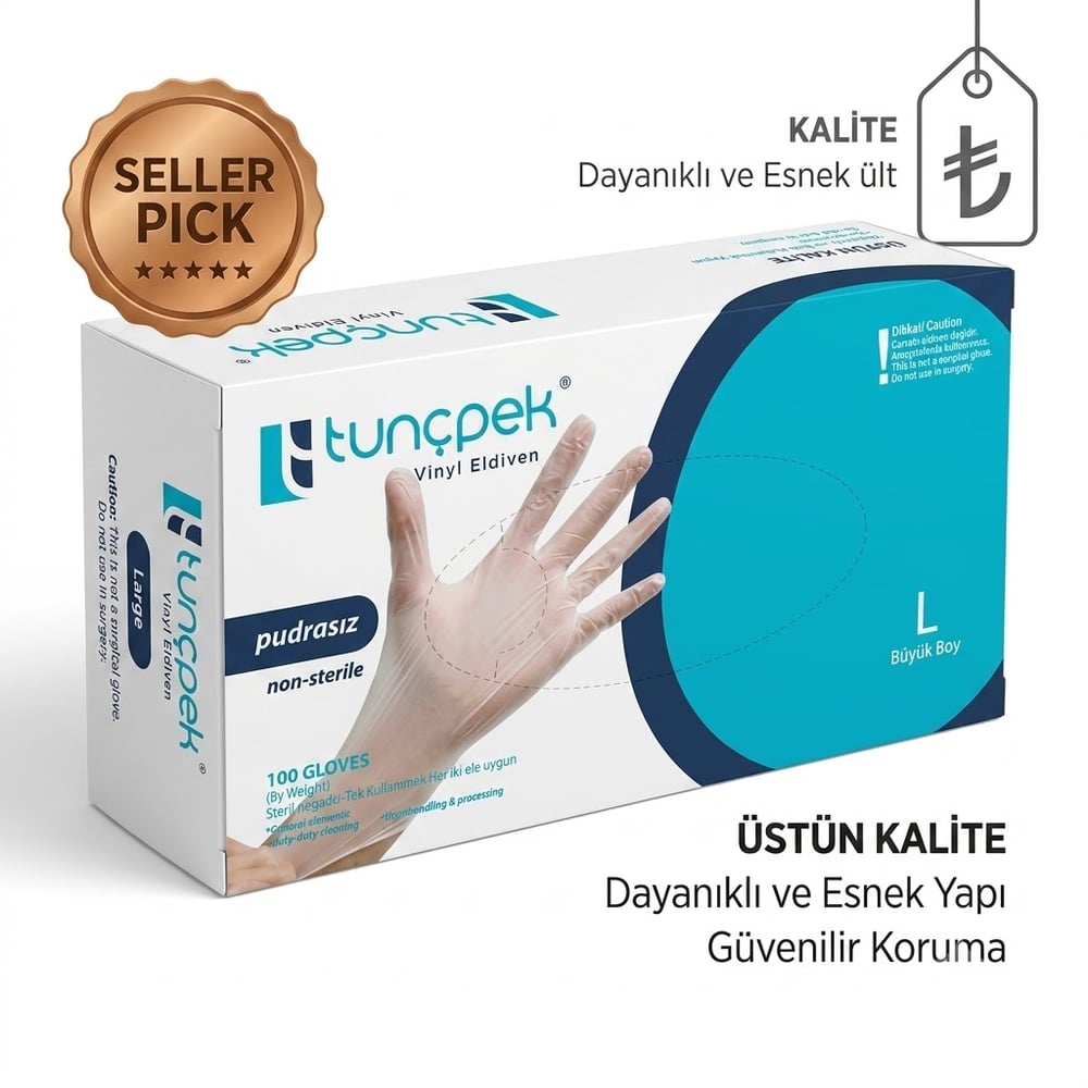 TUNÇPEK VİNİL ELDİVEN PUDRASIZ L BEDEN 100'LÜ PAKET