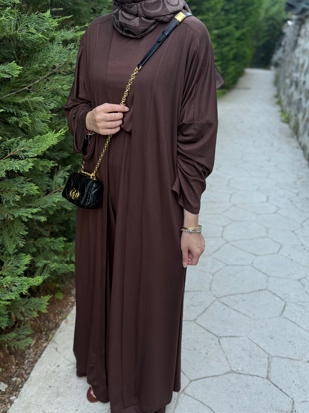 Üçlü Rahat Abaya Takım Kahverengi