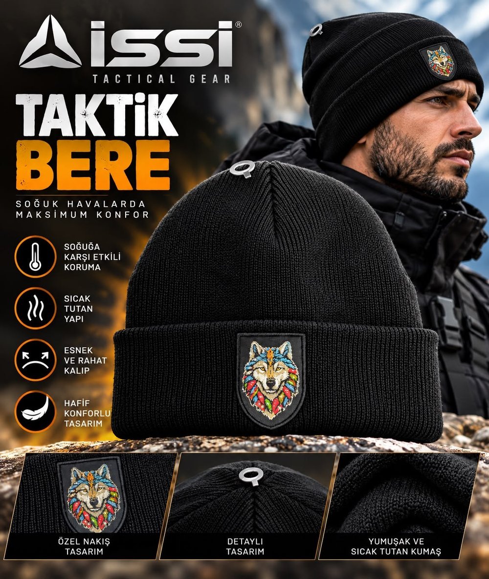 İssi Kurt Nakışlı Bere Siyah