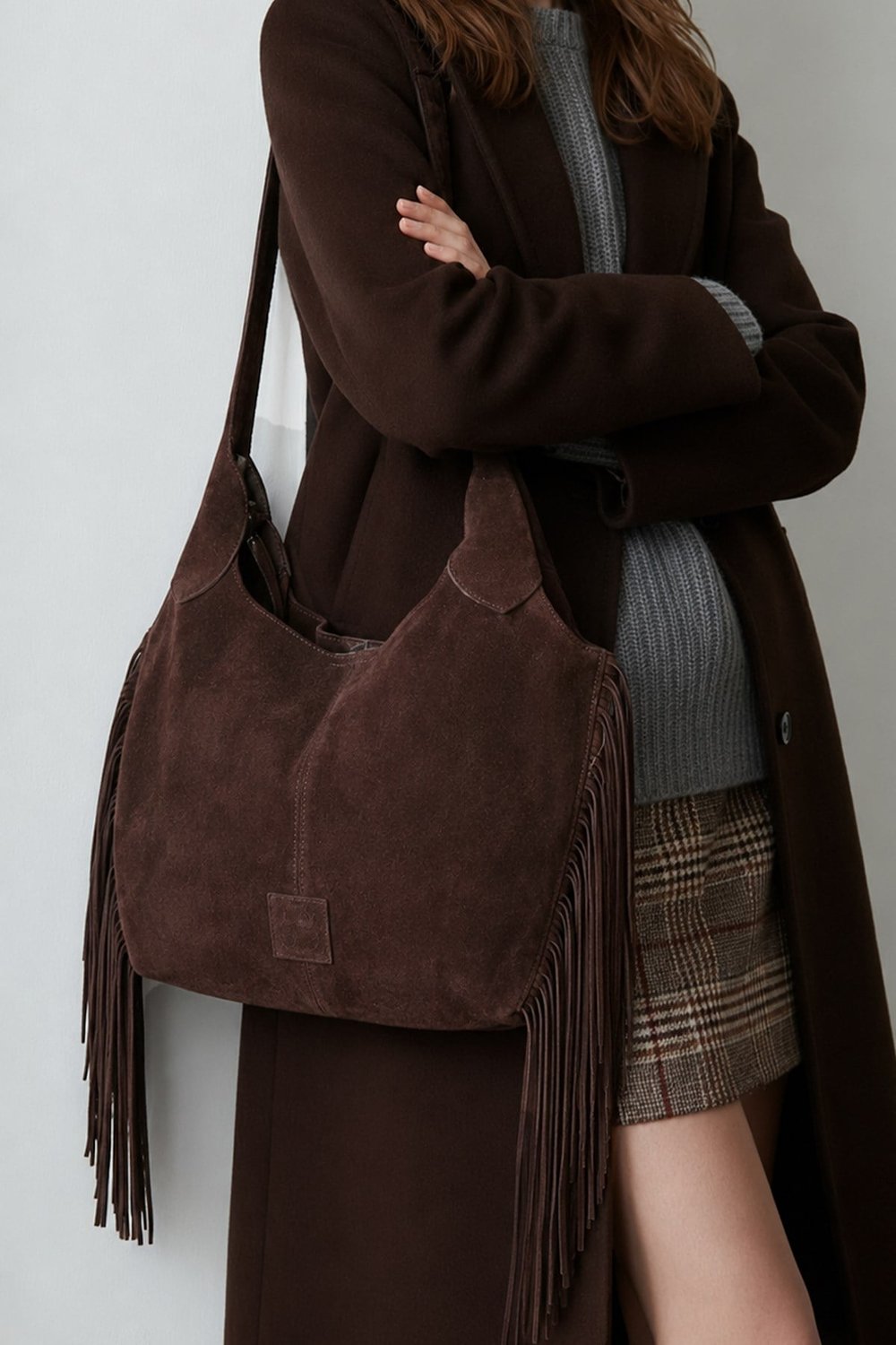 Kahverengi Hakiki Deri Püskül Detaylı Kadın Çanta HOBO BAG