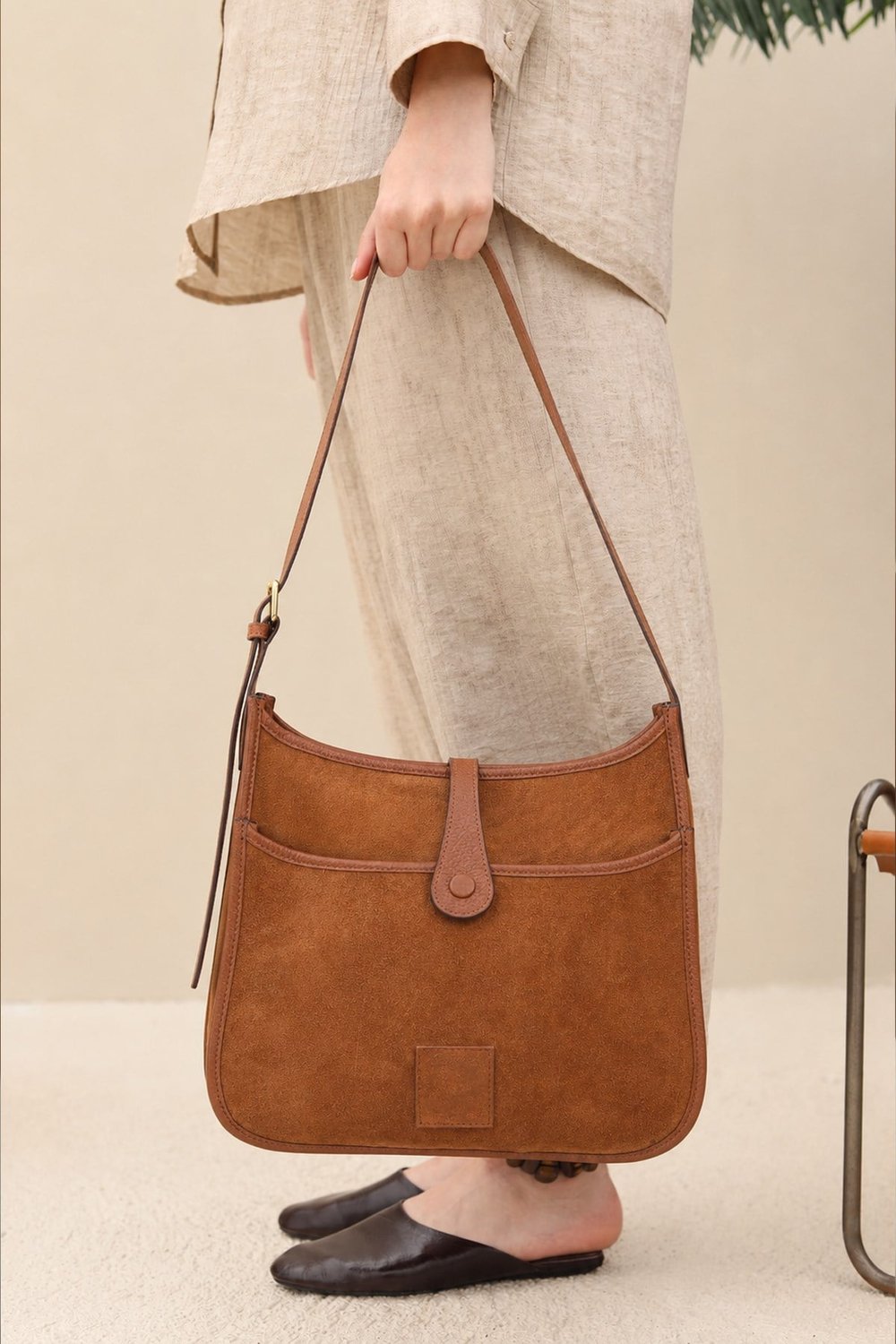 Taba Renk Hakiki Süet Deri Kadın Çanta SQUARE BAG BIG