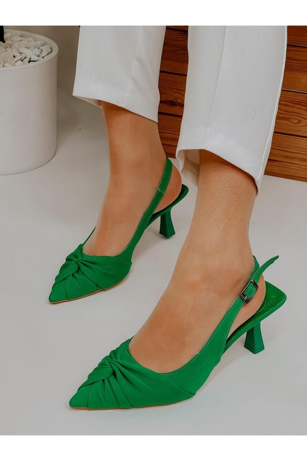 Yeşil Saten (Ribbon) Fiyonk Detay Kadın Stiletto
