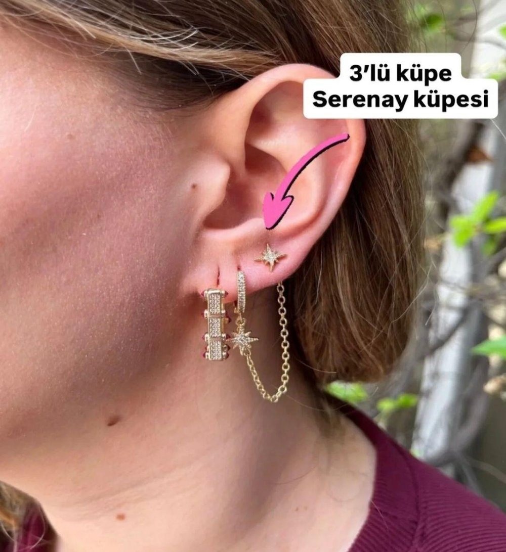 14K Gold Renk 3'lü Serenay Çelik Küpe Seti – Zincirli, Taşlı, Yıldız Model