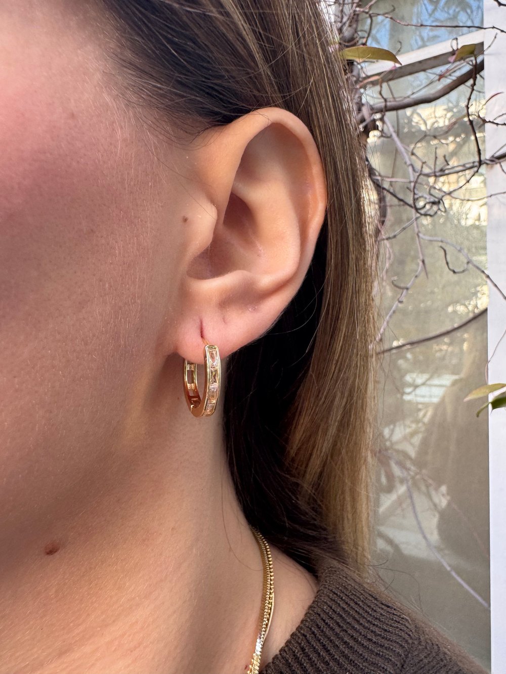 14K Gold Tone Kararmaz Çelik Zirkon Taşlı Halka Küpe
