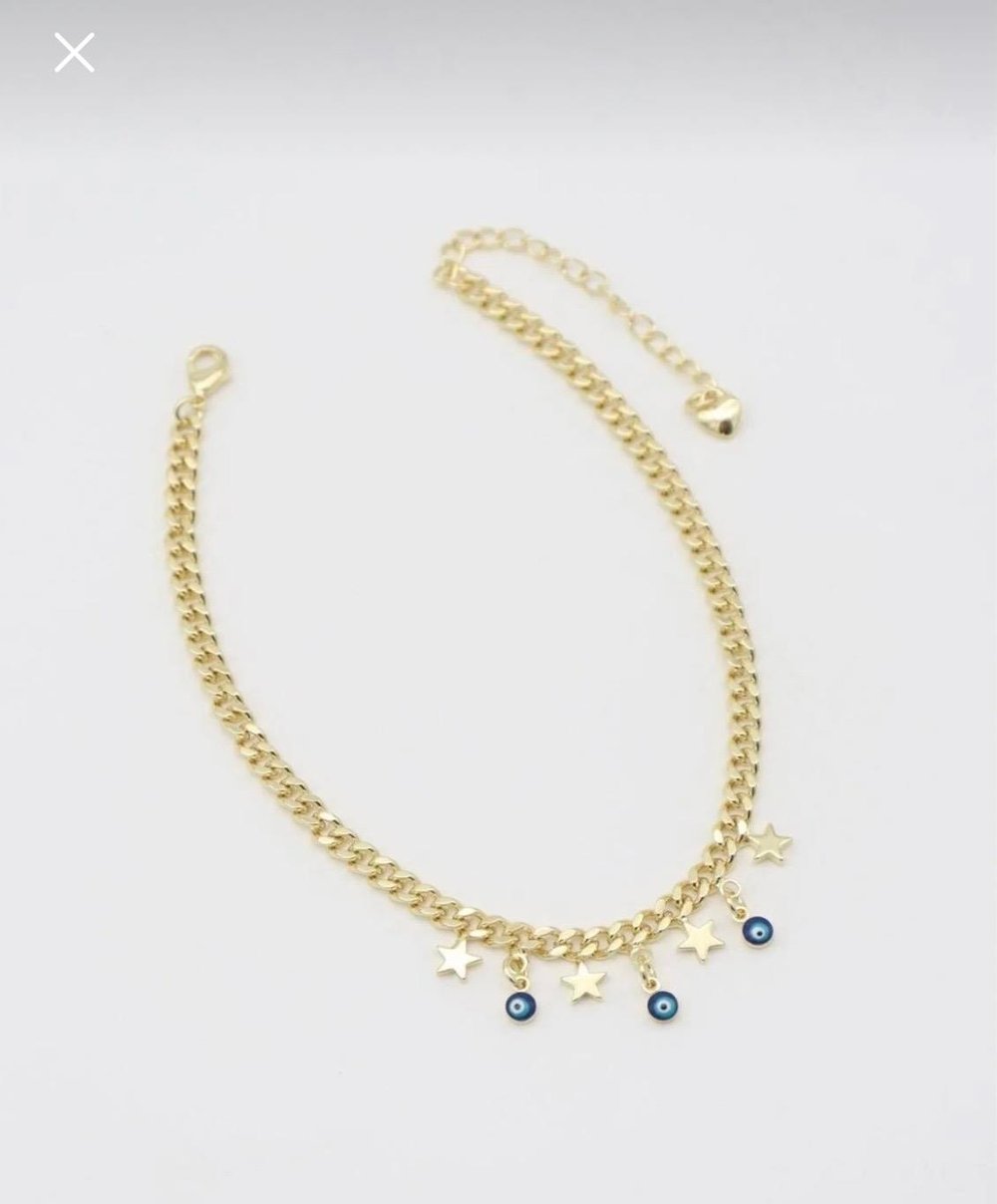 14k Mavi Boncuklu Yıldız Detaylı Çelik Halhal