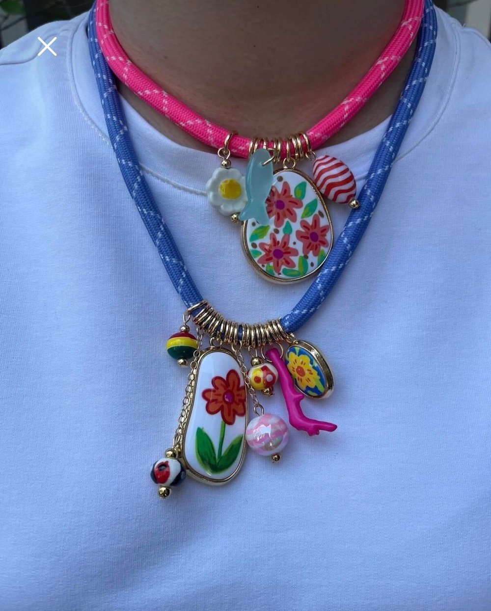 2'li Charm Kolye – Yumurta ve Çiçek Detaylı Renkli Kalın Uçlu Takı