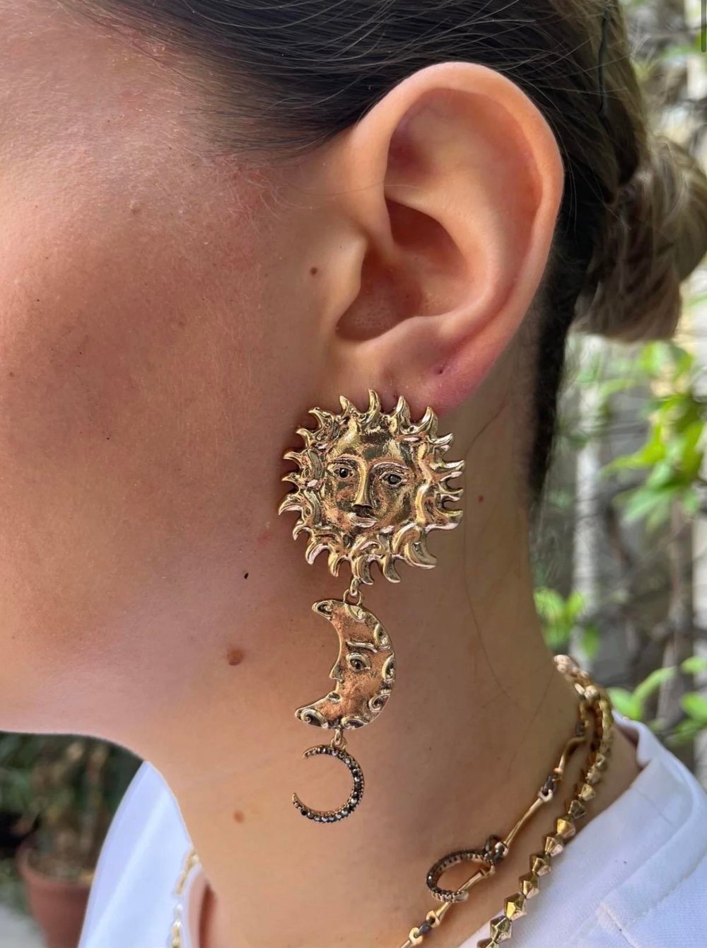 Gold Tone Güneş Ay Hilal Figürlü Sallantılı Büyük Çelik Küpe | Bohem & Vintage Tasarım