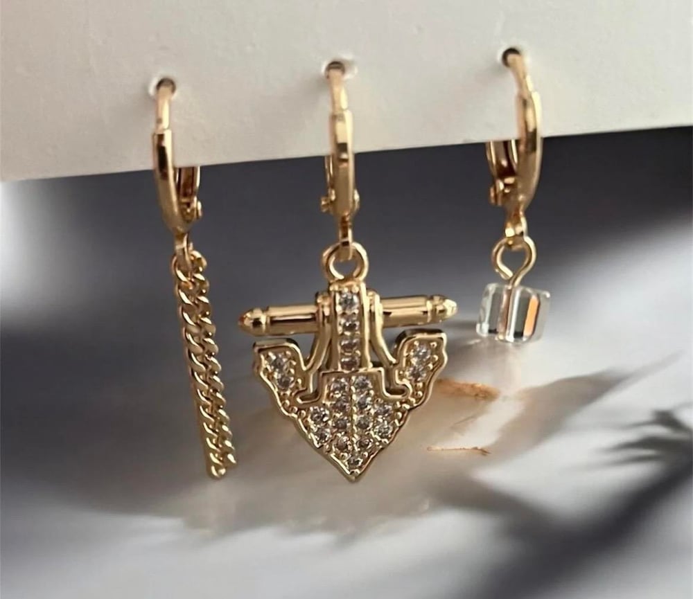 Kadın 14k 3'lü Çelik Küpe Seti – Zincir, Geometrik Figür ve Taş Detaylı