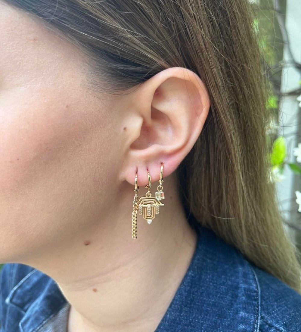 Kadın Gold Renkli 3'lü Çelik Küpe Seti – Zincir, Geometrik Figür