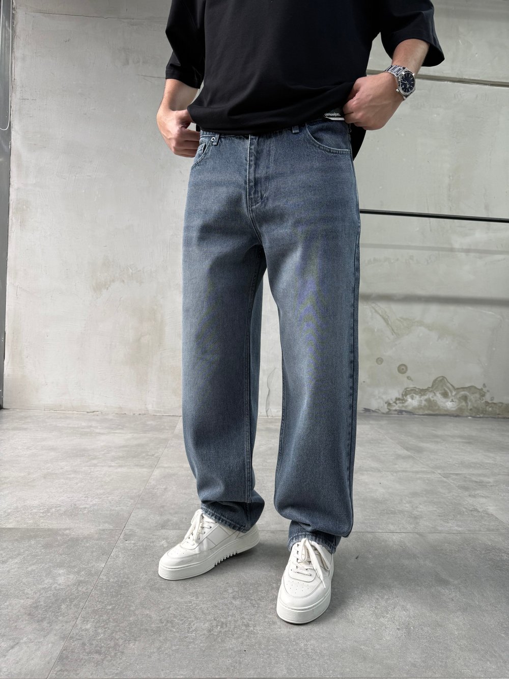 Baggy Fit Eskitme Gri Jean