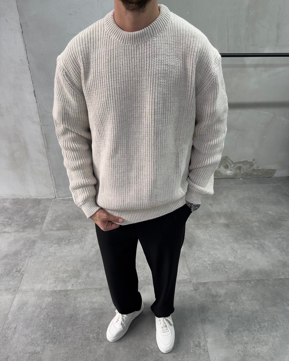 Bisiklet Yaka Bej Oversize Triko Kazak