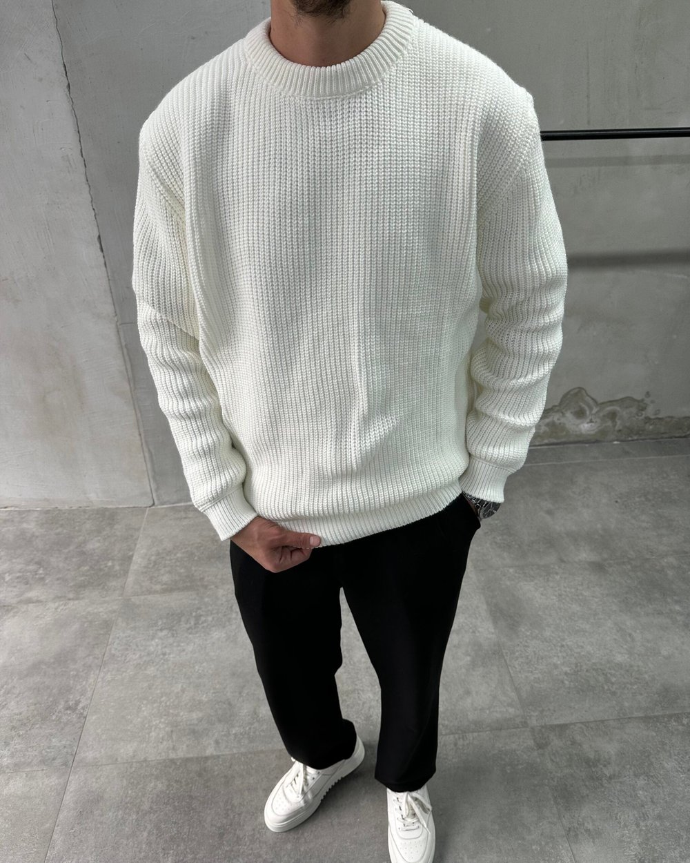 Bisiklet Yaka Ekru Oversize Triko Kazak