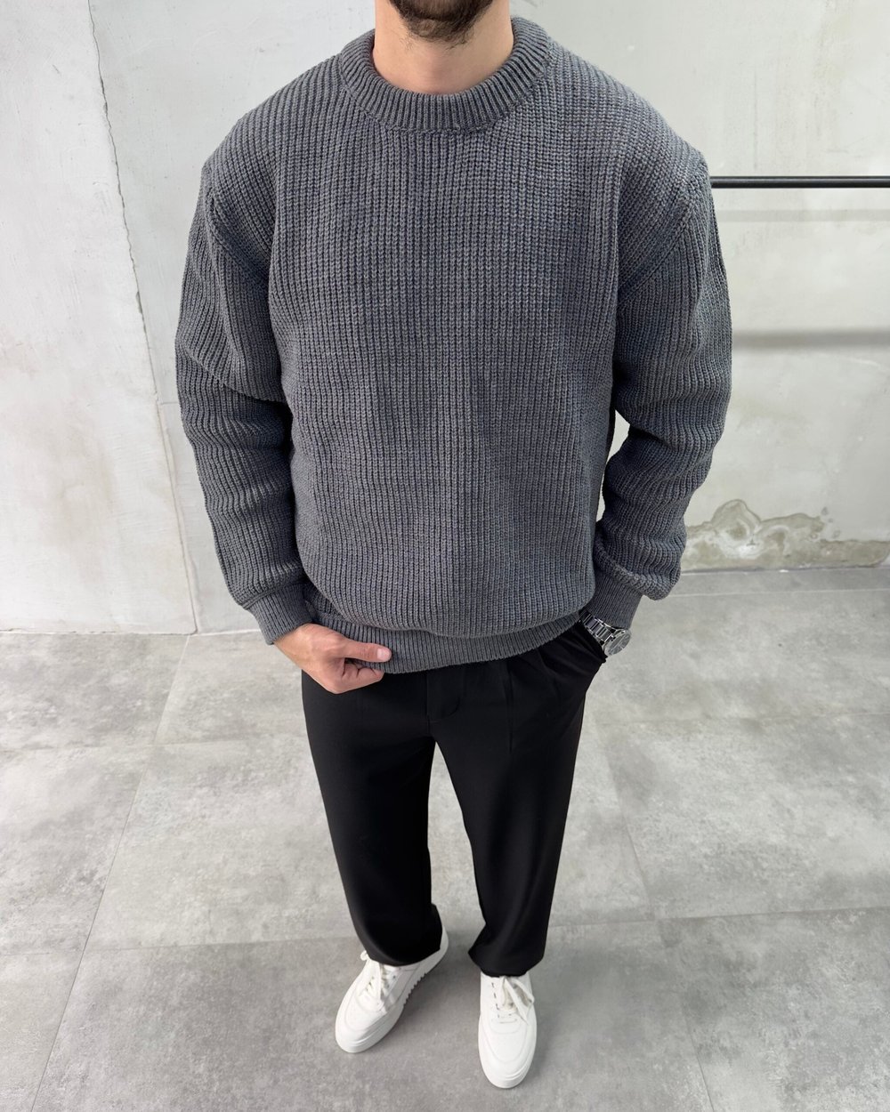 Bisiklet Yaka Gri Oversize Triko Kazak