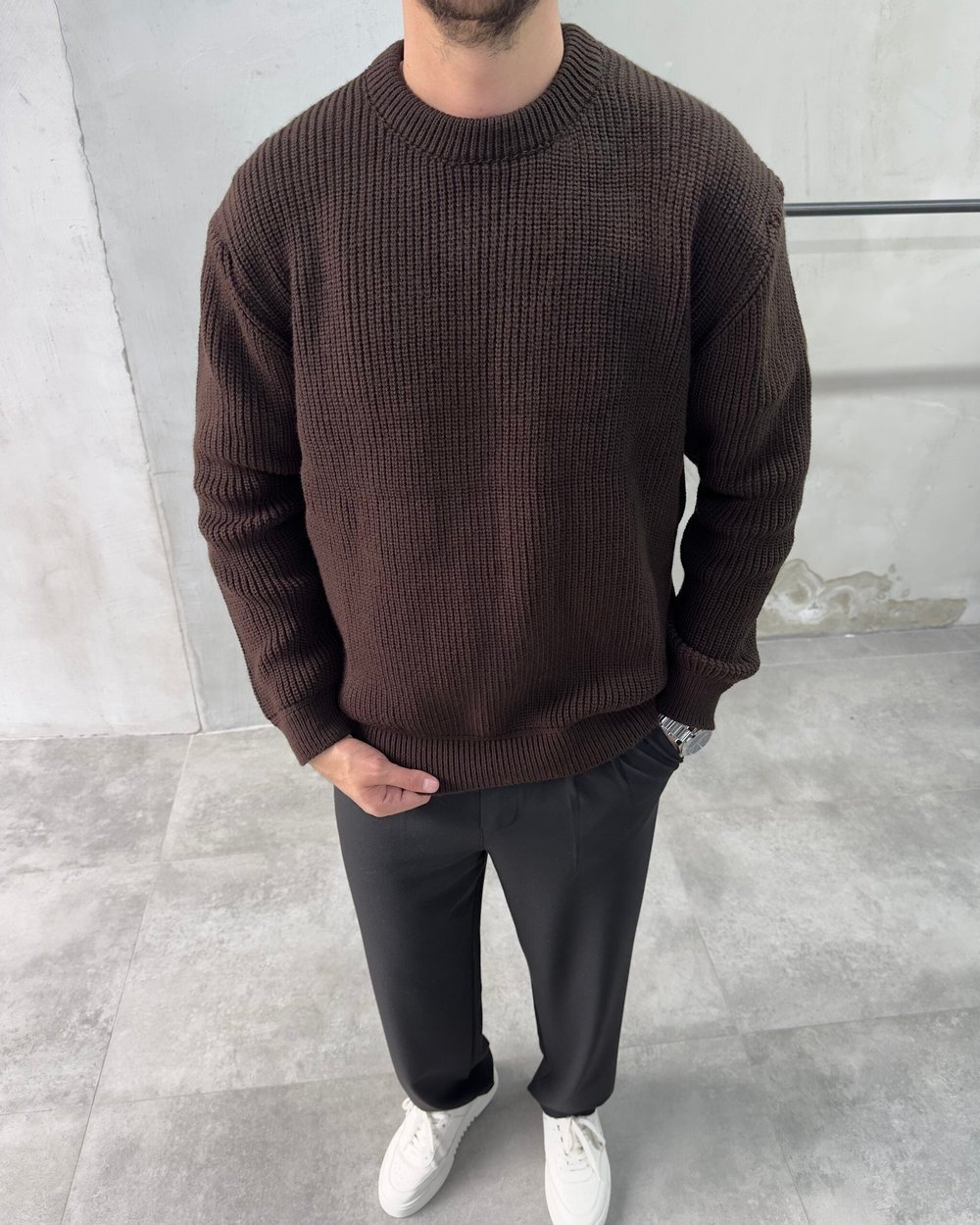 Bisiklet Yaka Kahve Oversize Triko Kazak