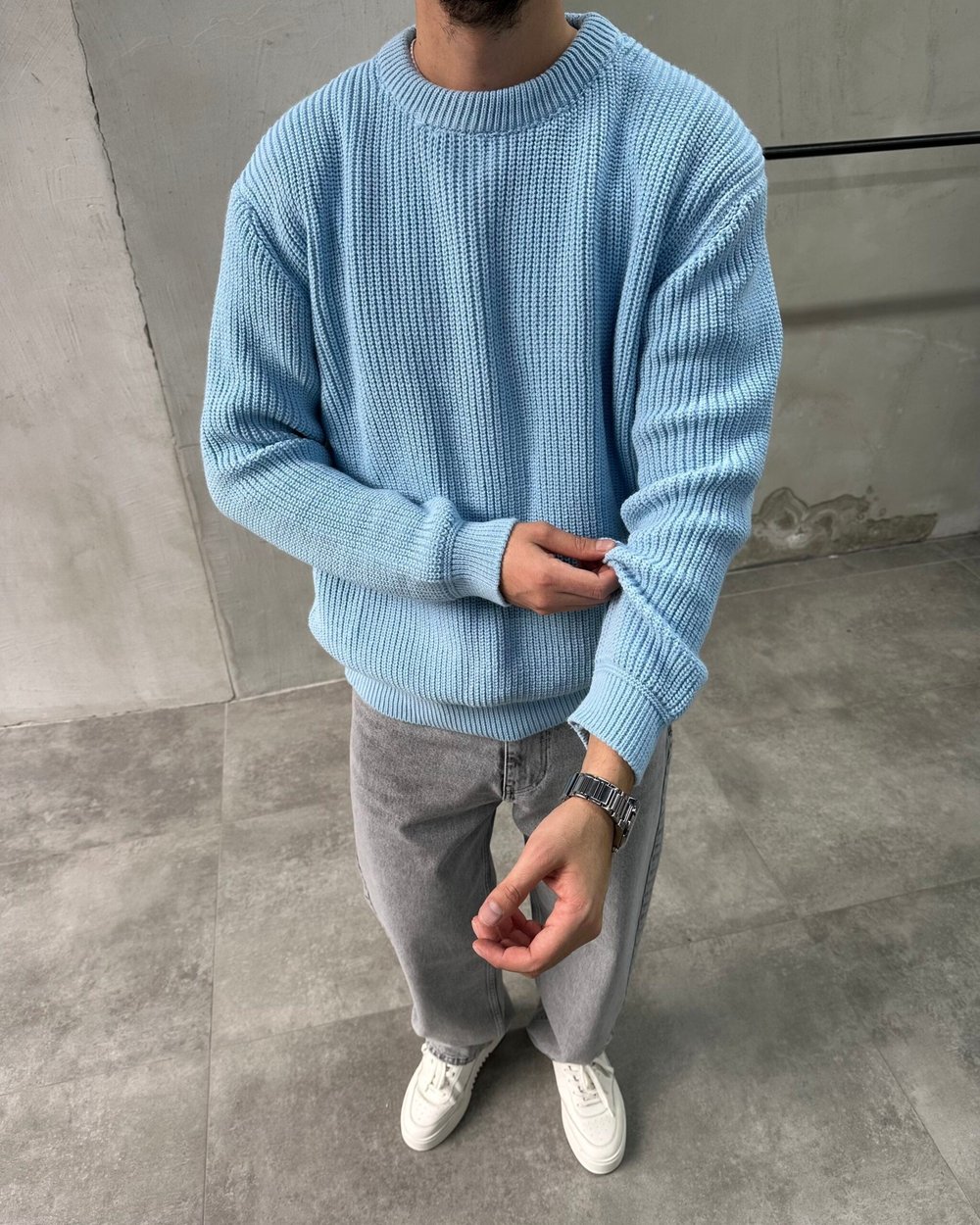 Bisiklet Yaka Mavi Oversize Triko Kazak