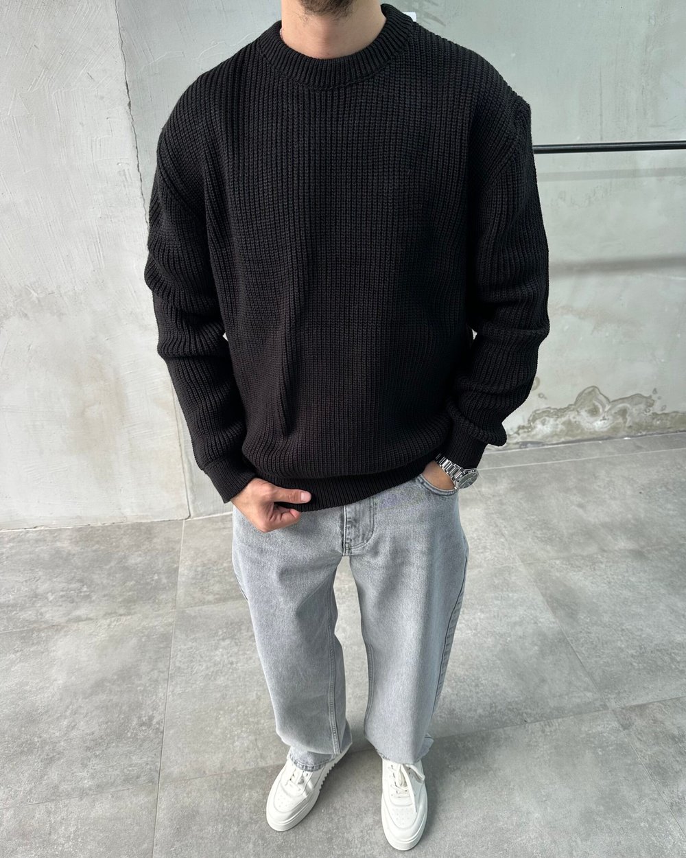Bisiklet Yaka Siyah Oversize Triko Kazak
