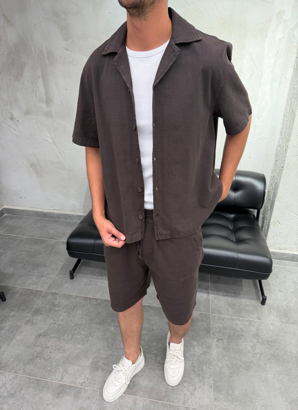 Boxy Fit Keten Gömlek Şort Kahve Takım