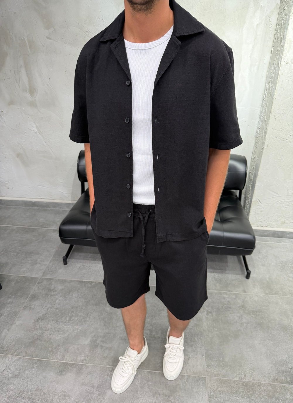 Boxy Fit Keten Gömlek Şort Siyah Takım