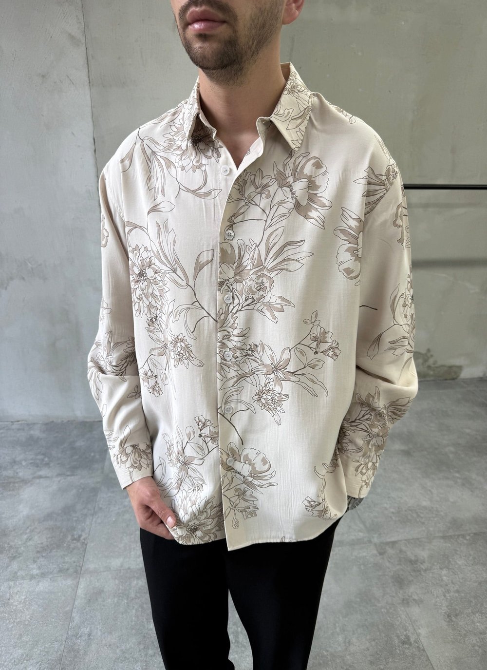 Desenli Oversize Premium Modern Kesim Bej Gömlek