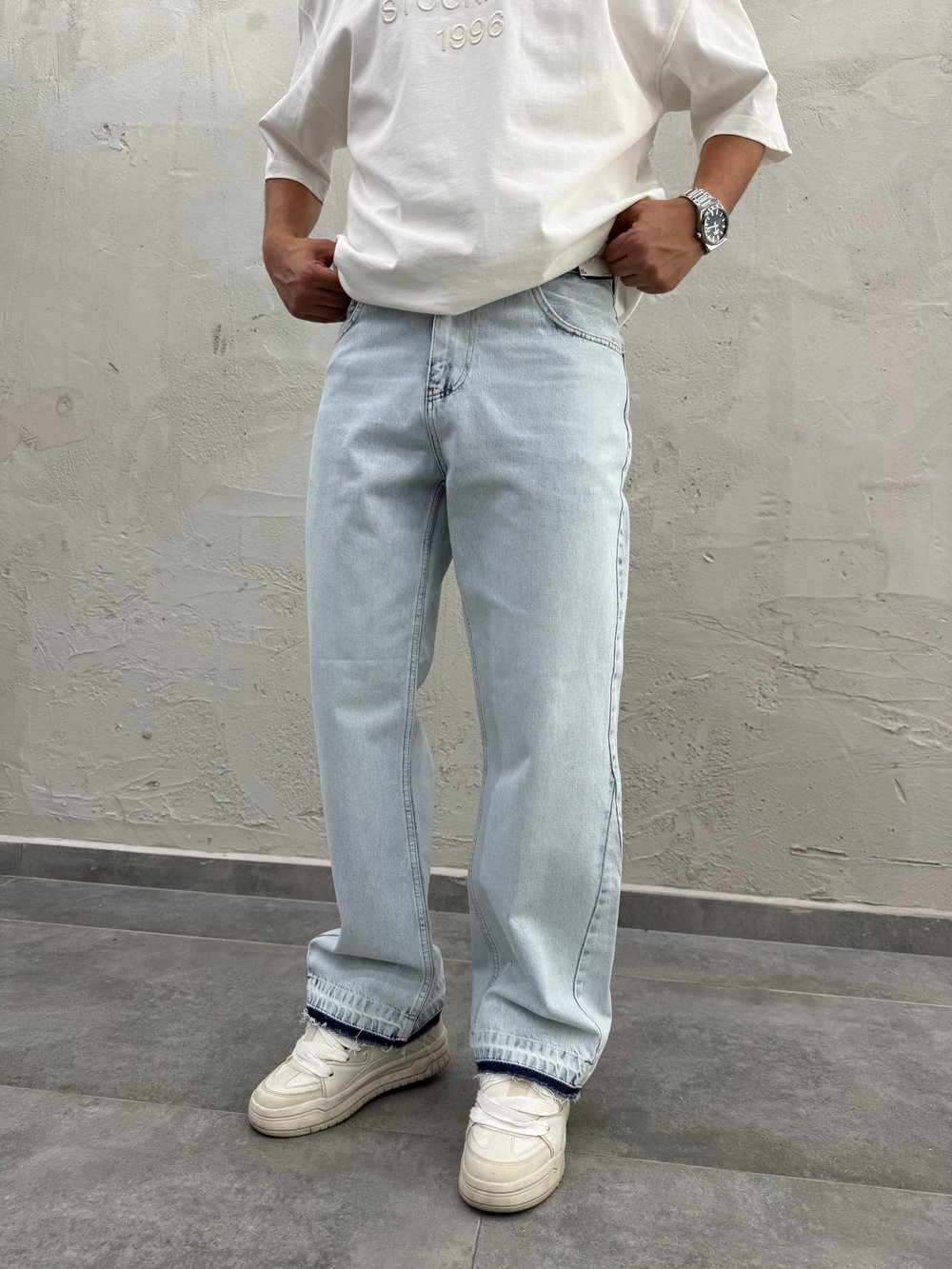 Efektli Yıkamalı Buz Mavi Flared Fit Jean