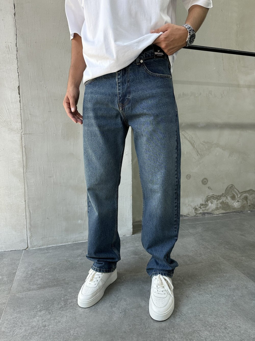 Eskitme Tintli Yeşil Detaylı Loose Fit Baggy Jean