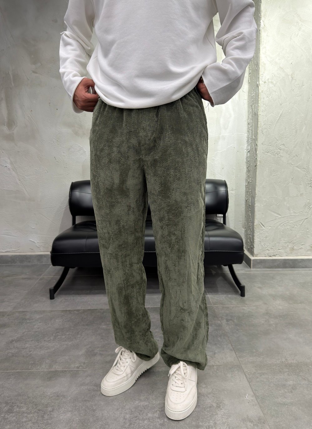 Fitilli Kadife Haki Baggy Pantolon