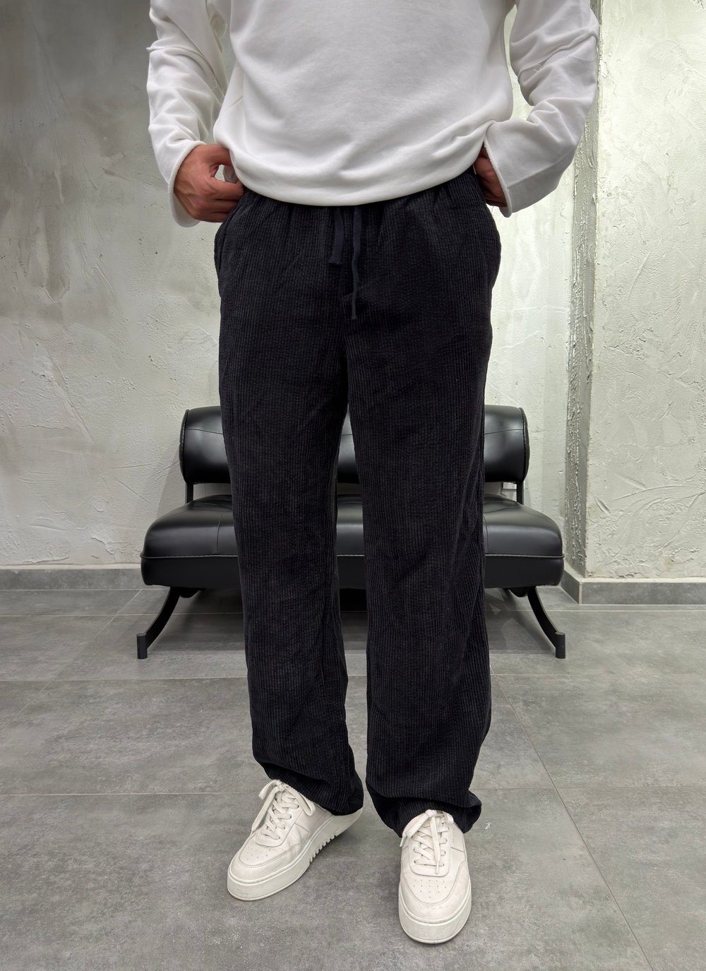 Fitilli Kadife Siyah Baggy Pantolon