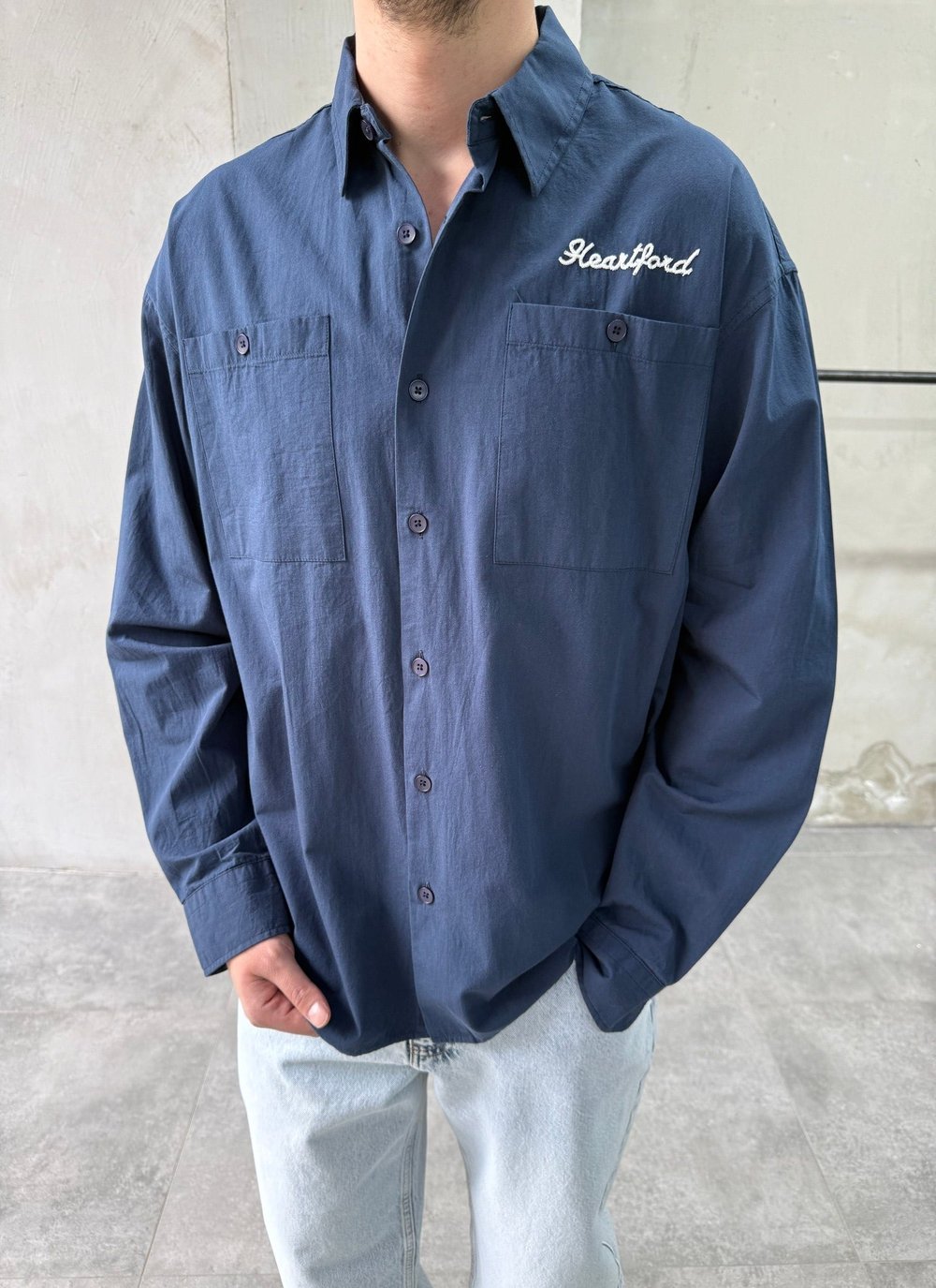 Heartford Nakışlı Oversize Lacivert Gömlek