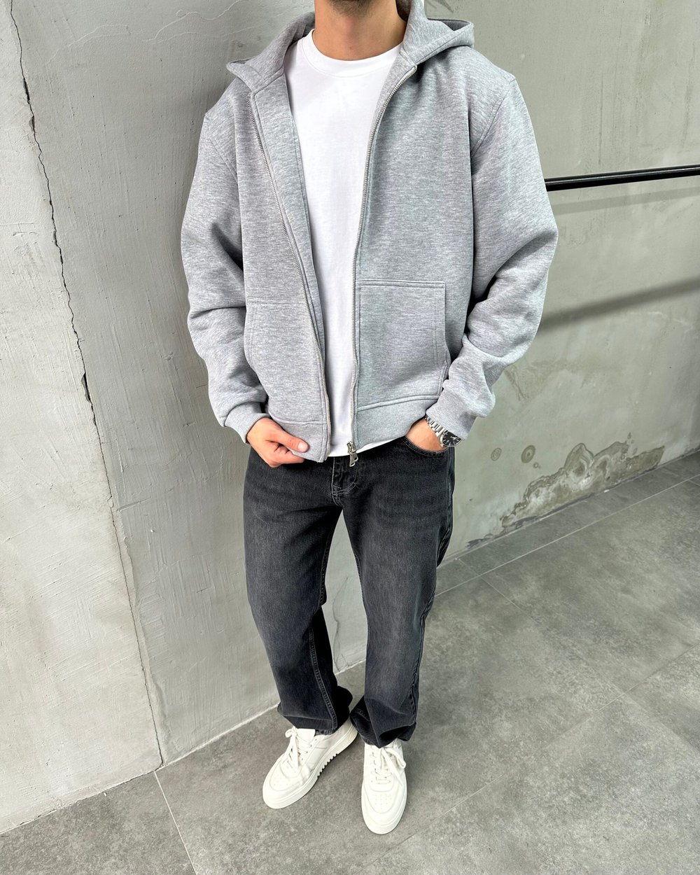 Kapüşonlu Basic Gri Sweatshirt