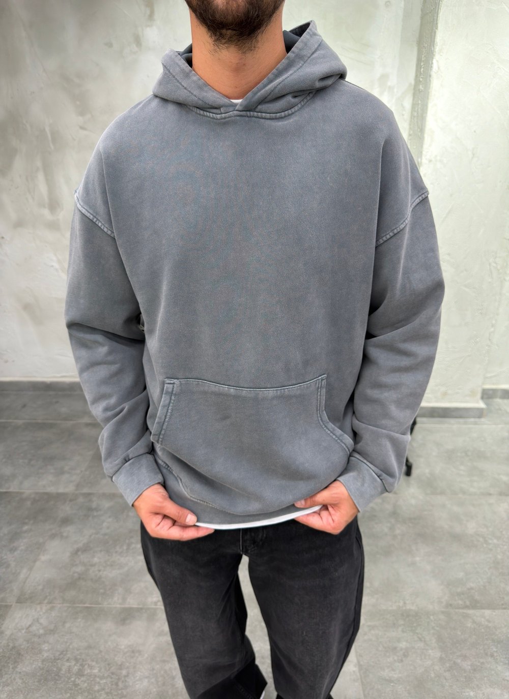 Kapüşonlu Kanguru Cep Yıkama Detay Antrasit Sweatshirt