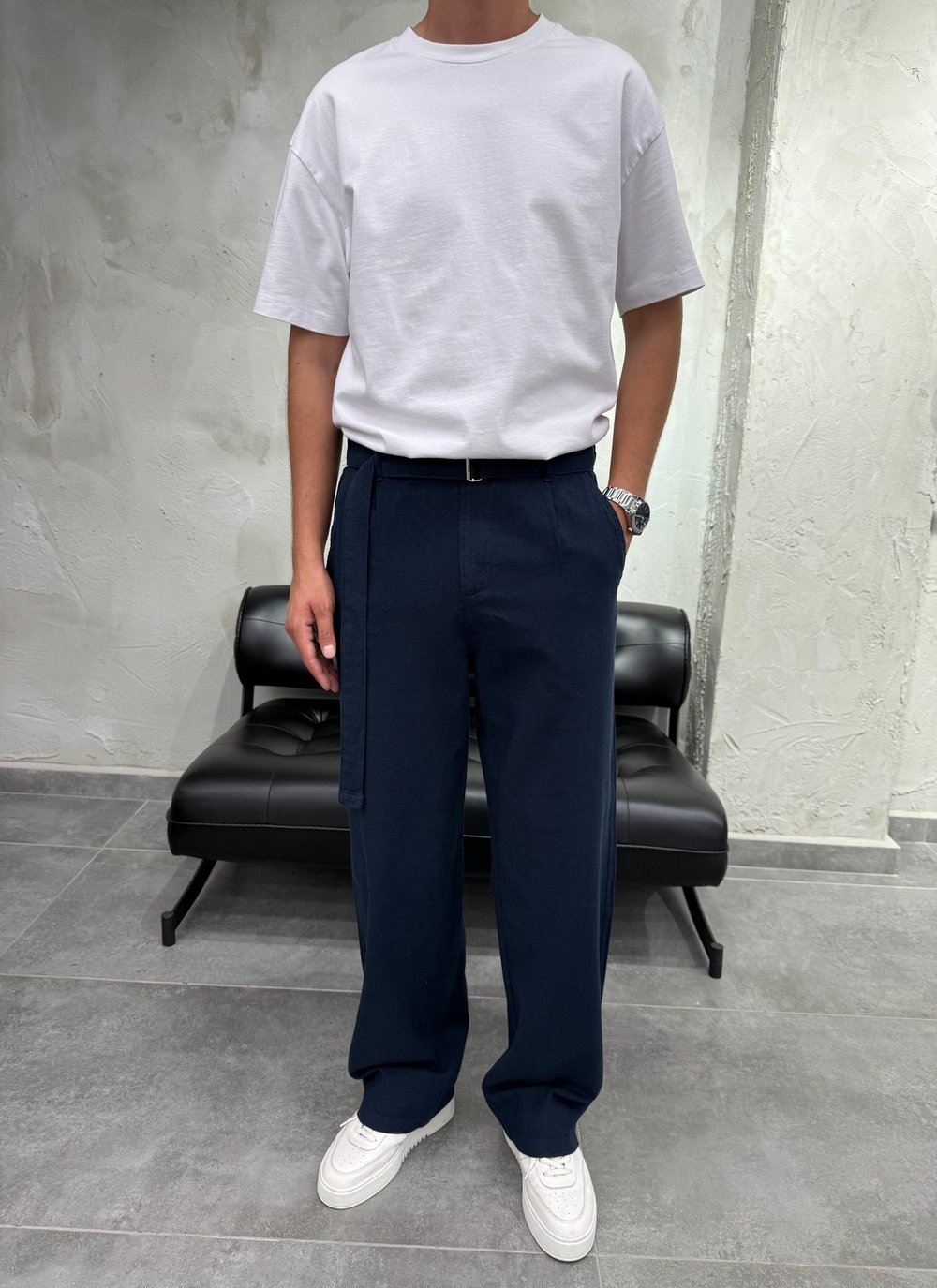Kemer Detaylı Keten Baggy Lacivert Pantolon