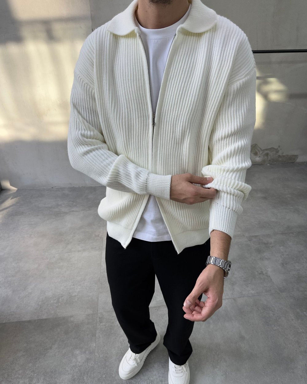 Krem Fermuarlı Triko Sweatshirt