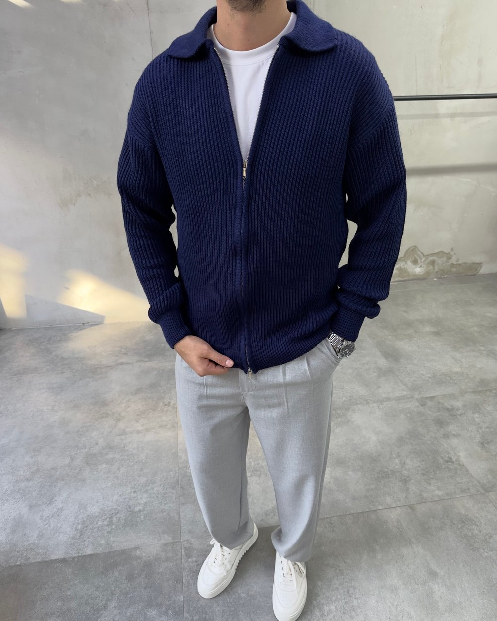 Lacivert Fermuarlı Triko Sweatshirt