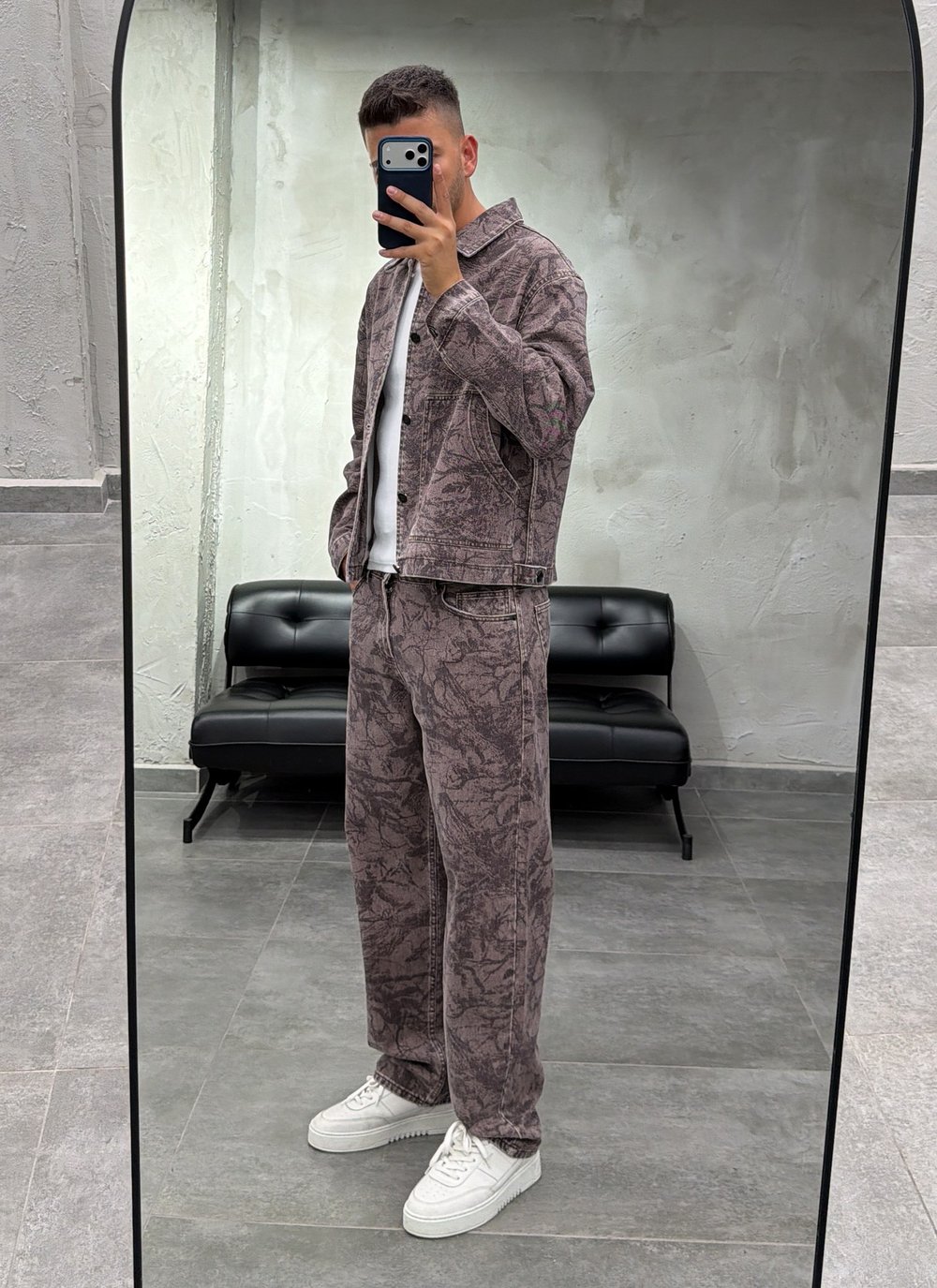 Mega Cepli Desenli Kahve Denim Takım
