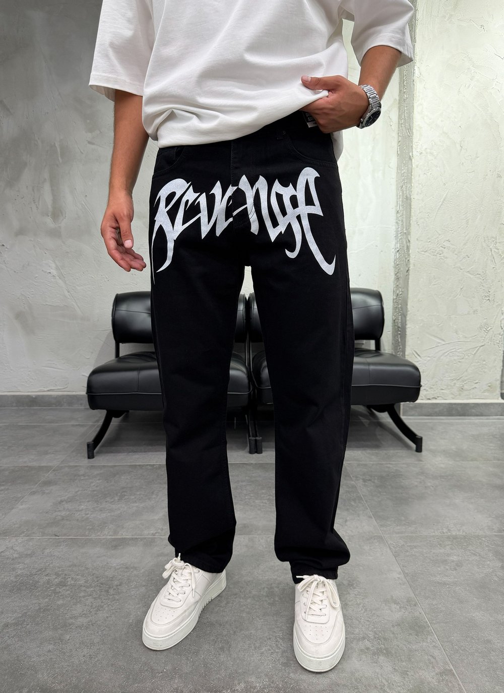 Ön Yazı Baskılı Siyah Baggy Jean