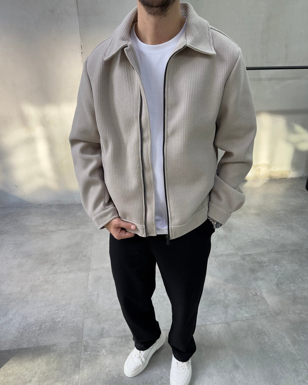 Oversize Bej Kapitone Erkek Ceket