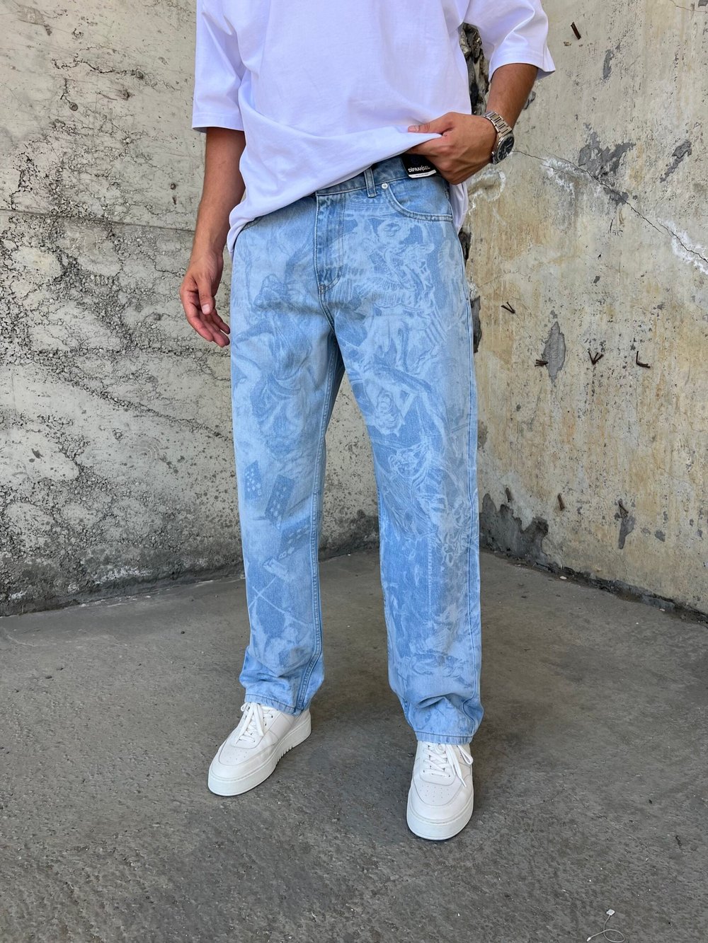 Premium Urban Style Lazer Baskılı Mavi Baggy Jean