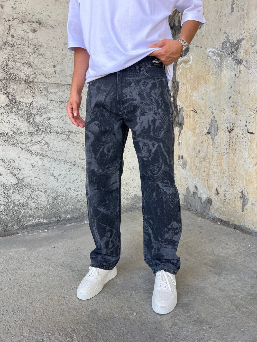 Premium Urban Style Lazer Baskılı Siyah Baggy Jean